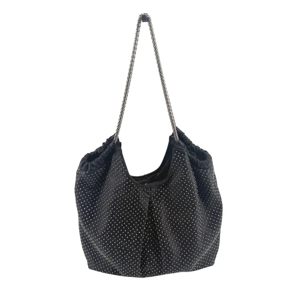 NEW Elie Tahari Bianca Black‎ Studded Leather Hobo Shoulder Bag Silver Chain